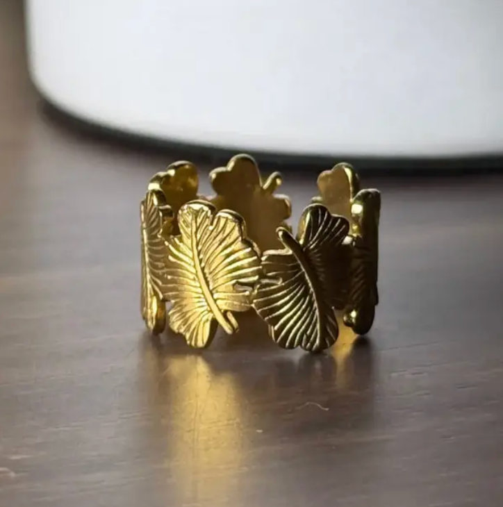 Gold Ginkgo & Tropical Leaf Wrap Adjustable Open Ring
