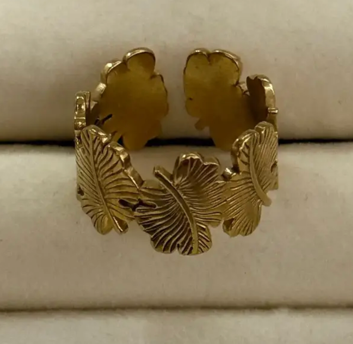 Gold Ginkgo & Tropical Leaf Wrap Adjustable Open Ring