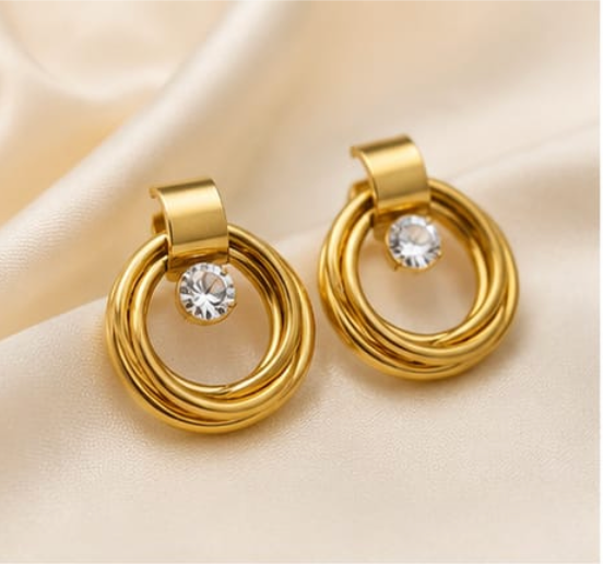 Gold Triple Twisted Hoop Crystal Stud Earrings