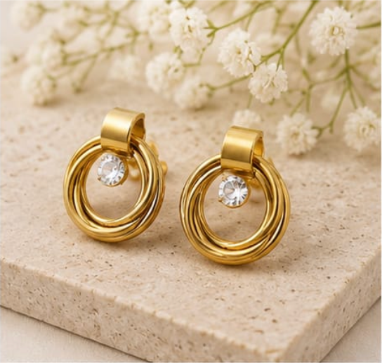 Gold Triple Twisted Hoop Crystal Stud Earrings