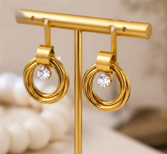 Gold Triple Twisted Hoop Crystal Stud Earrings