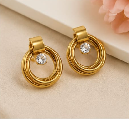 Gold Triple Twisted Hoop Crystal Stud Earrings