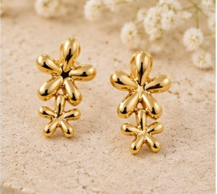 Gold Puffy Double Daisy Flower Drop Earrings