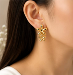 Gold Puffy Double Daisy Flower Drop Earrings