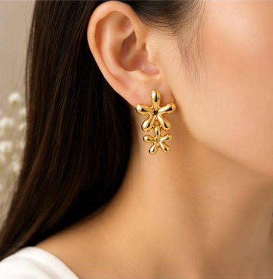 Gold Puffy Double Daisy Flower Drop Earrings
