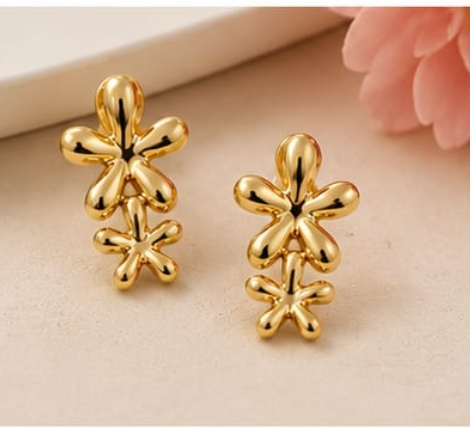Gold Puffy Double Daisy Flower Drop Earrings