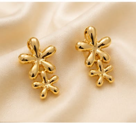 Gold Puffy Double Daisy Flower Drop Earrings