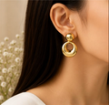 Gold Puffy Ball & Open Hoop Drop Earrings