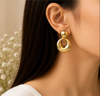 Gold Puffy Ball & Open Hoop Drop Earrings