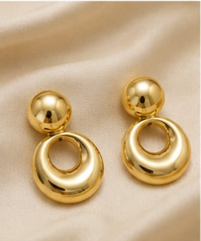 Gold Puffy Ball & Open Hoop Drop Earrings