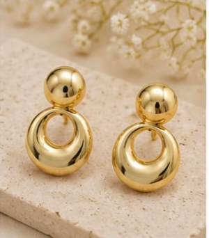 Gold Puffy Ball & Open Hoop Drop Earrings