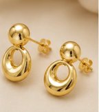 Gold Puffy Ball & Open Hoop Drop Earrings