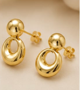 Gold Puffy Ball & Open Hoop Drop Earrings