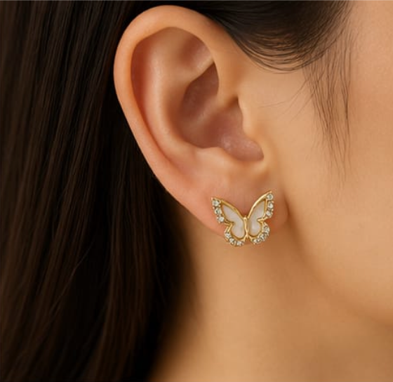 Gold Open Butterfly Shell & Crystal Stud Earrings