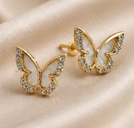 Gold Open Butterfly Shell & Crystal Stud Earrings