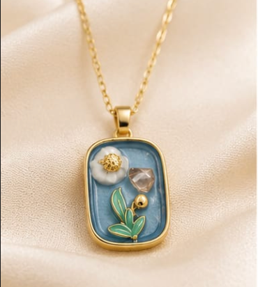 Gold 3D Botanical Garden Blue Resin Pendant Necklace