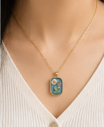 Gold 3D Botanical Garden Blue Resin Pendant Necklace