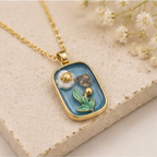 Gold 3D Botanical Garden Blue Resin Pendant Necklace