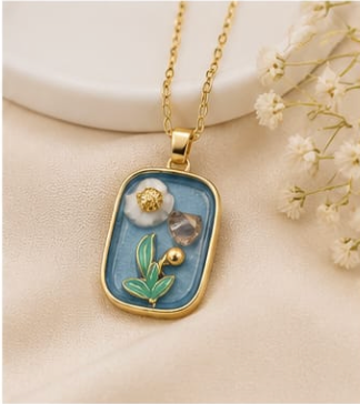 Gold 3D Botanical Garden Blue Resin Pendant Necklace