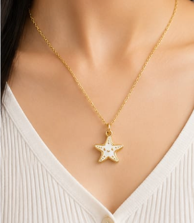 Gold White Enamel Starfish Pendant Necklace