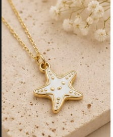 Gold White Enamel Starfish Pendant Necklace