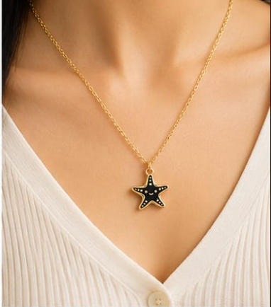 Gold Black Enamel Starfish Pendant Necklace