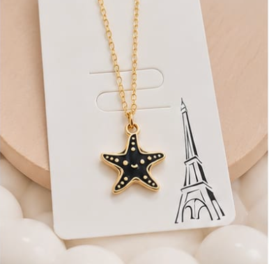 Gold Black Enamel Starfish Pendant Necklace