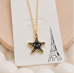 Gold Black Enamel Starfish Pendant Necklace