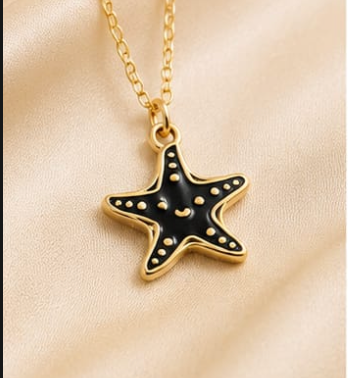 Gold Black Enamel Starfish Pendant Necklace