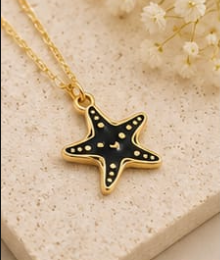 Gold Black Enamel Starfish Pendant Necklace