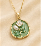 Gold Sage Green Enamel Rose & Pearl Coin Pendant Necklace