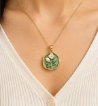 Gold Sage Green Enamel Rose & Pearl Coin Pendant Necklace