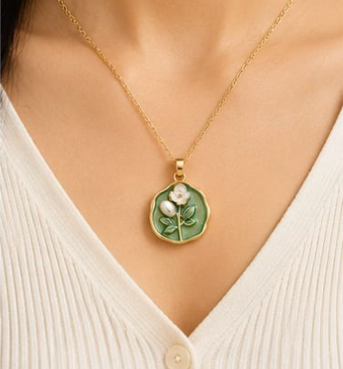Gold Sage Green Enamel Rose & Pearl Coin Pendant Necklace