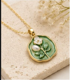 Gold Sage Green Enamel Rose & Pearl Coin Pendant Necklace