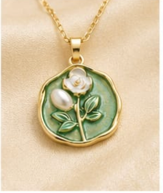 Gold Sage Green Enamel Rose & Pearl Coin Pendant Necklace