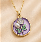 Gold Lavender Enamel Rose & Pearl Coin Pendant Necklace