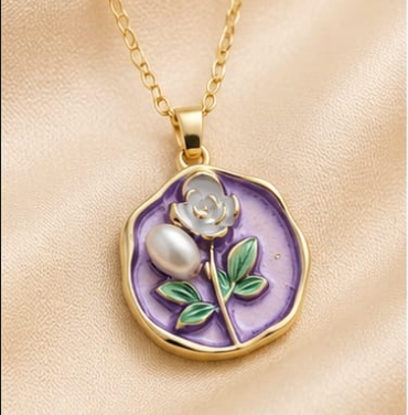 Gold Lavender Enamel Rose & Pearl Coin Pendant Necklace