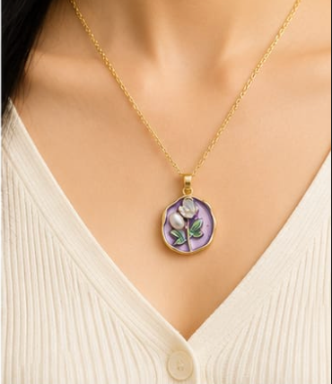 Gold Lavender Enamel Rose & Pearl Coin Pendant Necklace