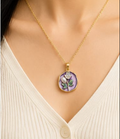 Gold Lavender Enamel Rose & Pearl Coin Pendant Necklace