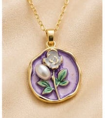 Gold Lavender Enamel Rose & Pearl Coin Pendant Necklace