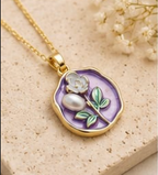 Gold Lavender Enamel Rose & Pearl Coin Pendant Necklace
