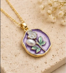 Gold Lavender Enamel Rose & Pearl Coin Pendant Necklace
