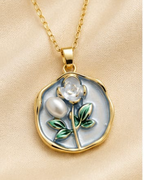 Gold Grey Enamel Rose & Pearl Coin Pendant Necklace