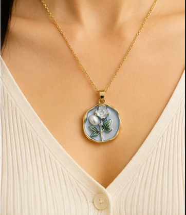 Gold Grey Enamel Rose & Pearl Coin Pendant Necklace