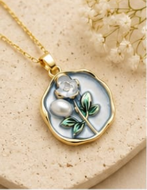 Gold Grey Enamel Rose & Pearl Coin Pendant Necklace