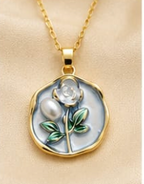 Gold Grey Enamel Rose & Pearl Coin Pendant Necklace