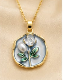 Gold Grey Enamel Rose & Pearl Coin Pendant Necklace