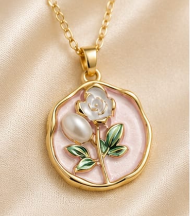 Gold Blush Pink Enamel Rose & Pearl Coin Pendant Necklace