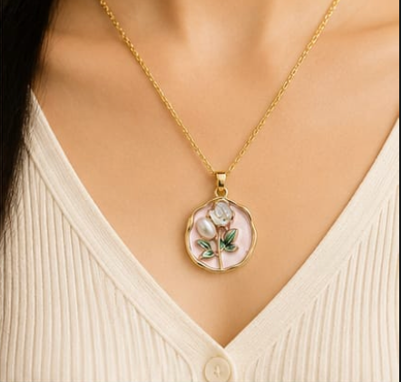 Gold Blush Pink Enamel Rose & Pearl Coin Pendant Necklace