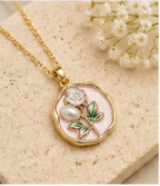 Gold Blush Pink Enamel Rose & Pearl Coin Pendant Necklace